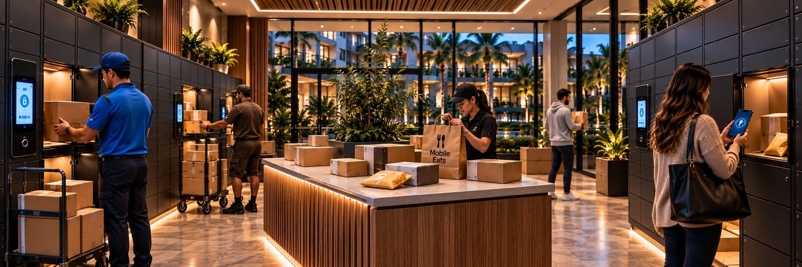 Controlled package lockers and delivery access at a multifamily property
